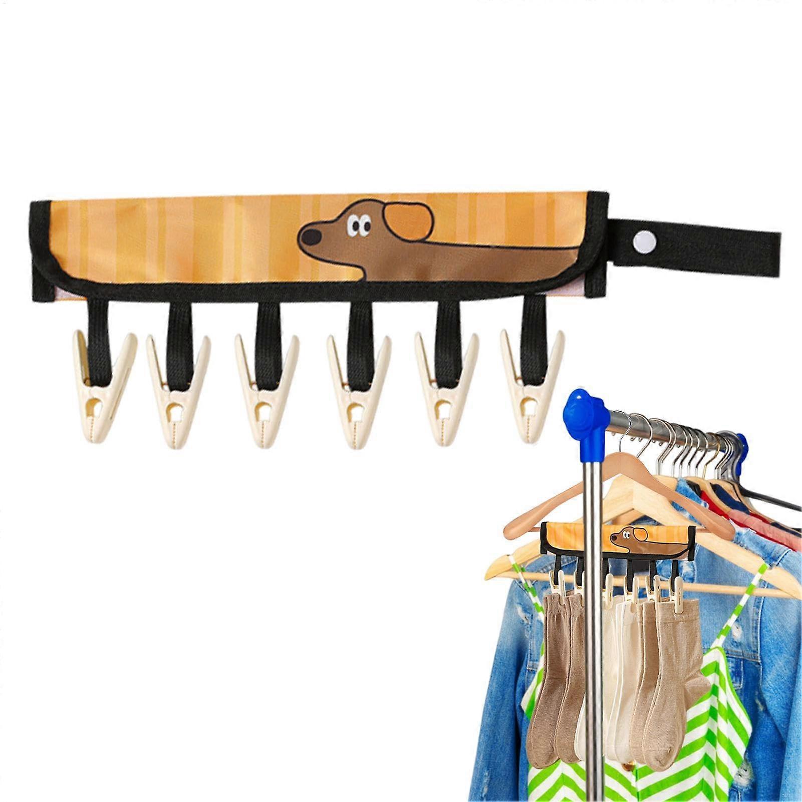 Travel Portable Fabric Hanger with 6 Clips, Foldable Clothes Drying Rack for Towels, Shirts, and Small Garments in Orange