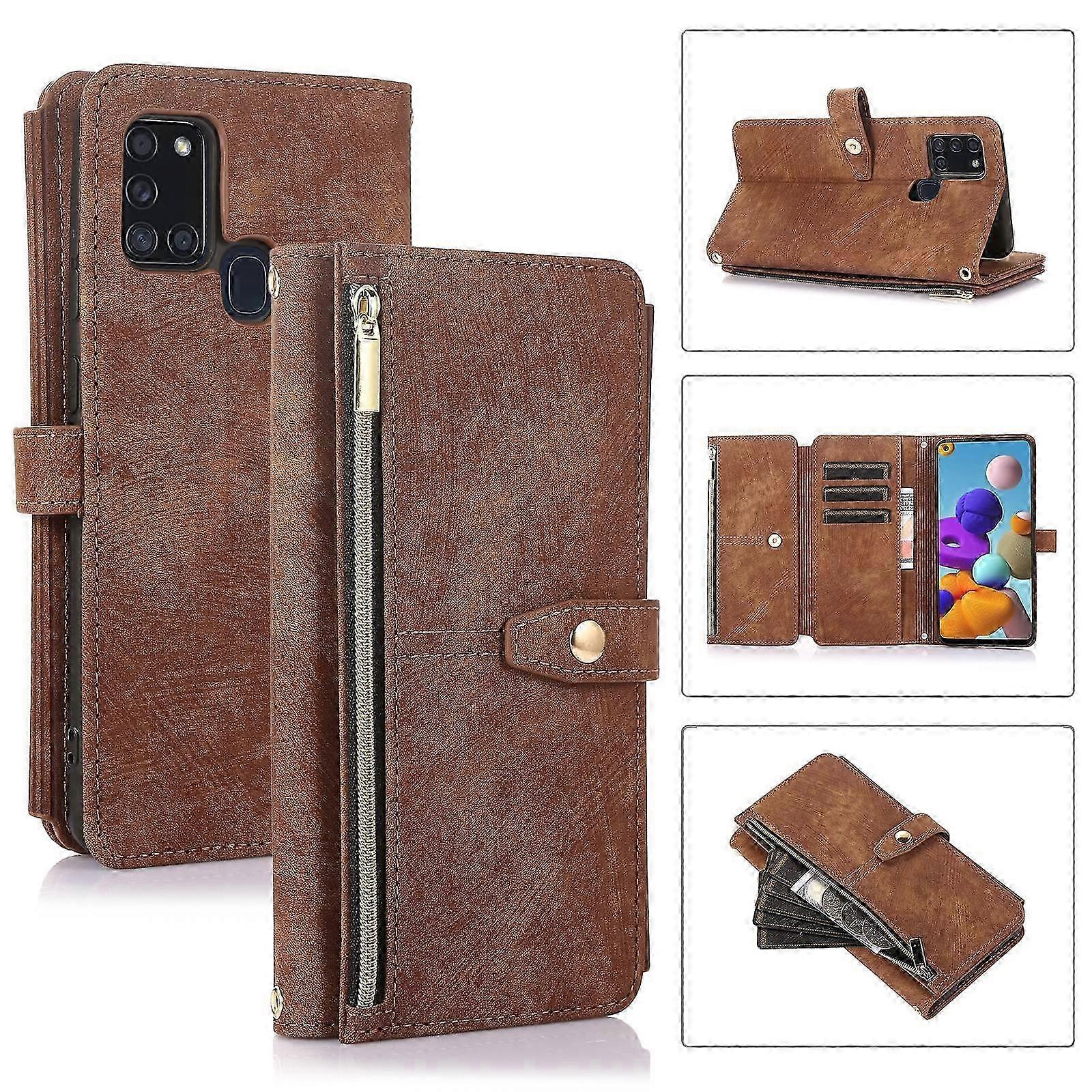 Galaxy A21s Leather Zipper Wallet Phone Case with 9 Card Slots