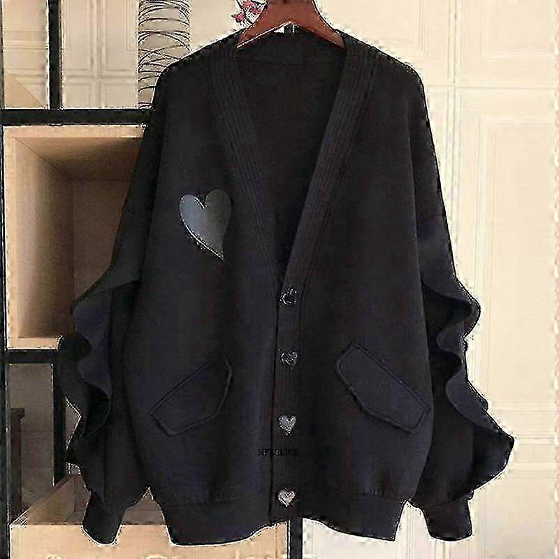 מעיל כפתורים עם שרוול ארוך סתיו חורף לנשים - עיצוב בצורת לב בצבע ירוק שחור