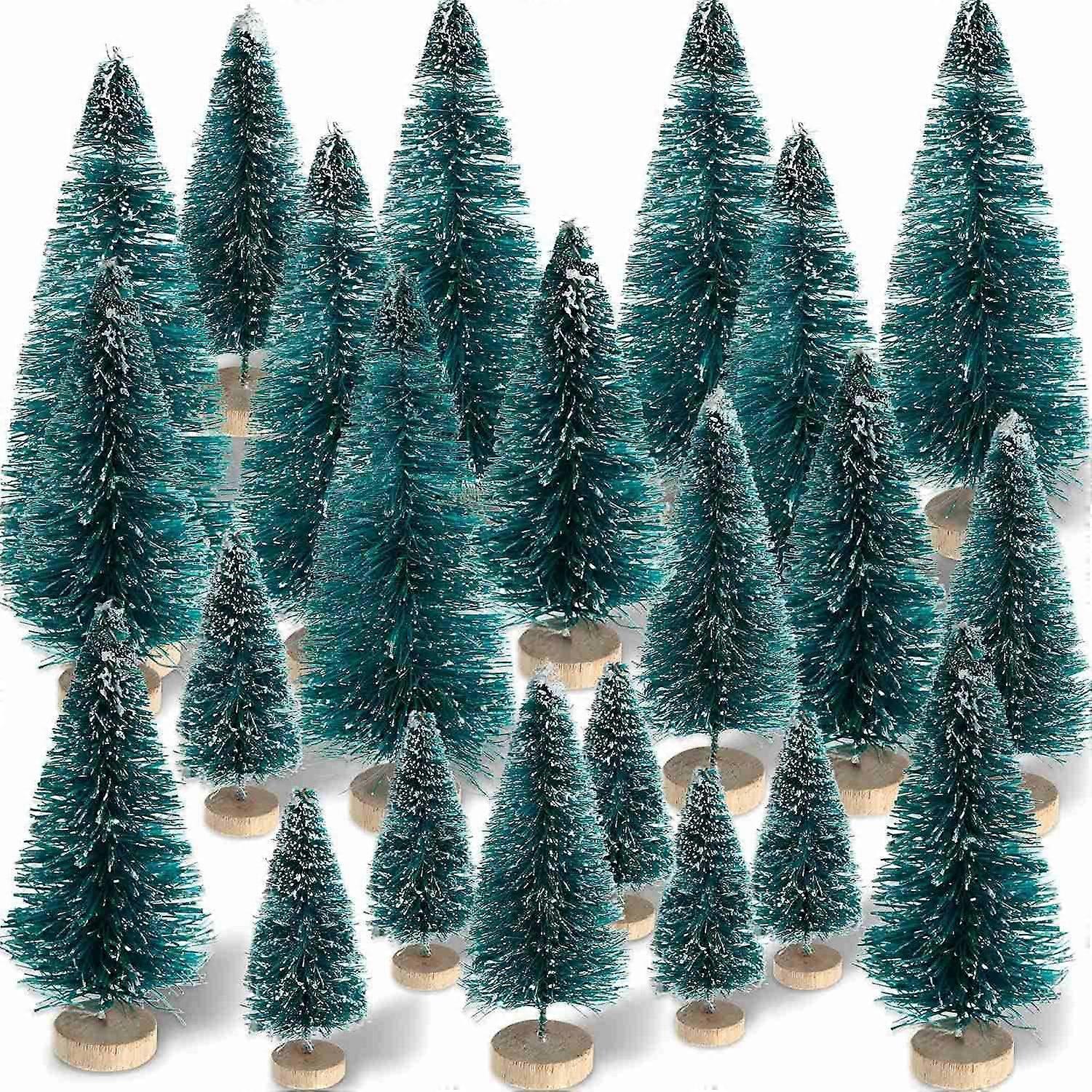 60 Pieces Mini Sisal Snow Frost Trees Winter Pine with Wood Base Snow Ornaments Tabletop Trees for