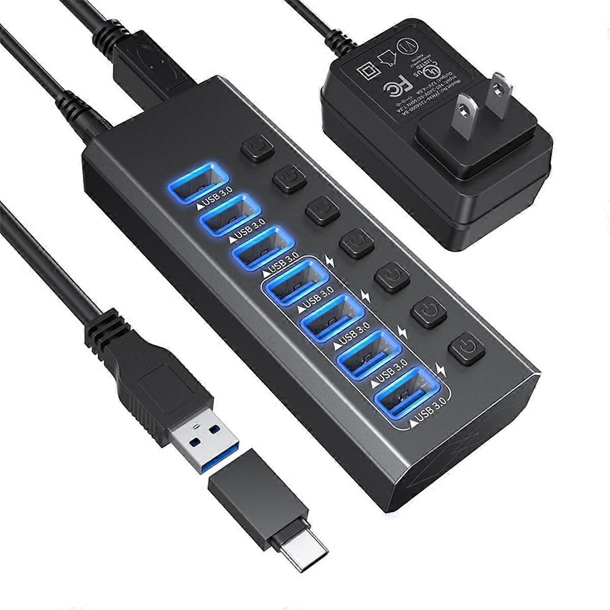 Powered USB 3.0 Hub, 7-portars USB-hubb, USB Extension Data Splitter & Power Hub, för bärbar dator och skrivare