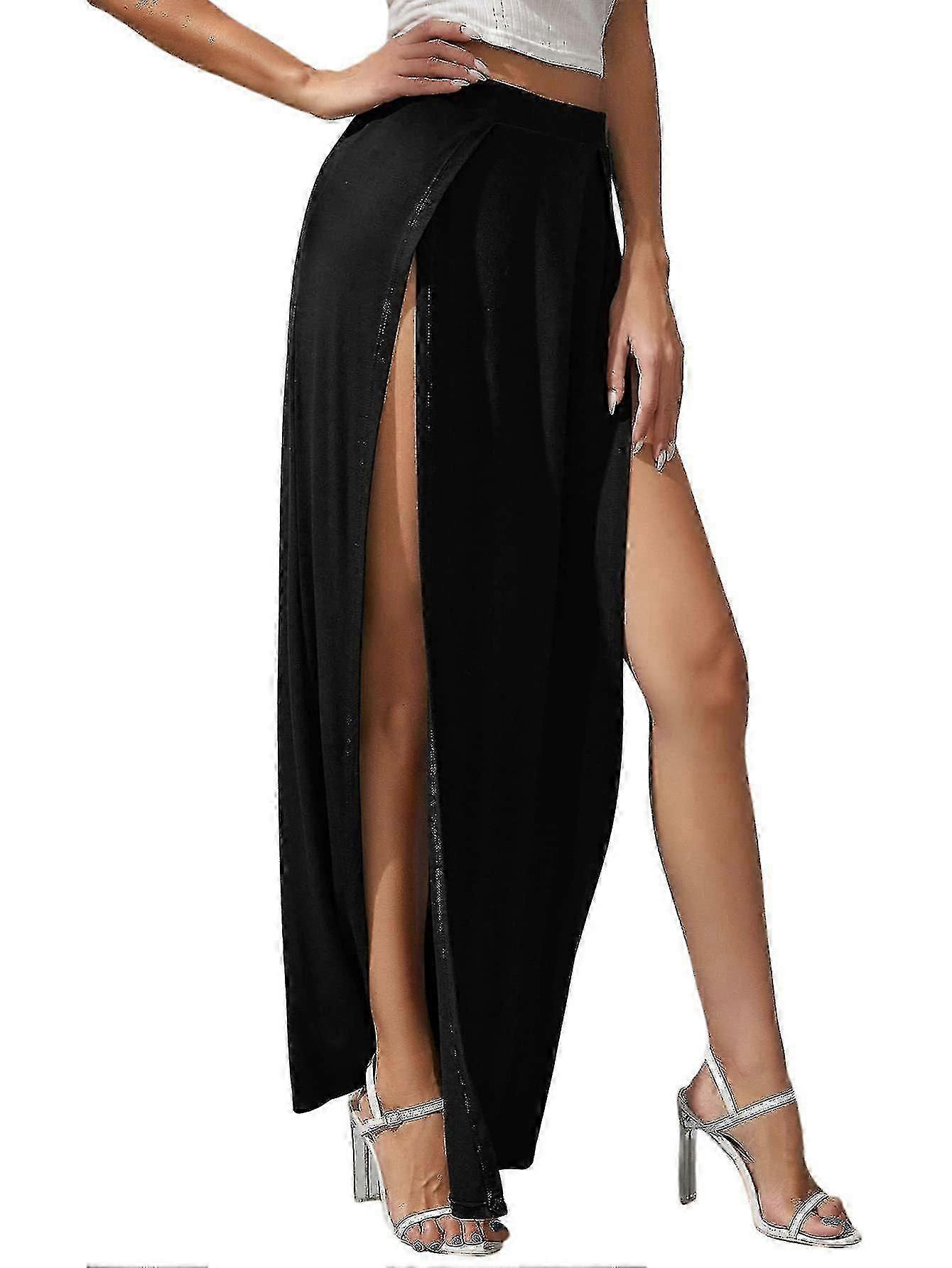 Saia maxi de jersey elástica de cintura alta feminina com fendas laterais duplas