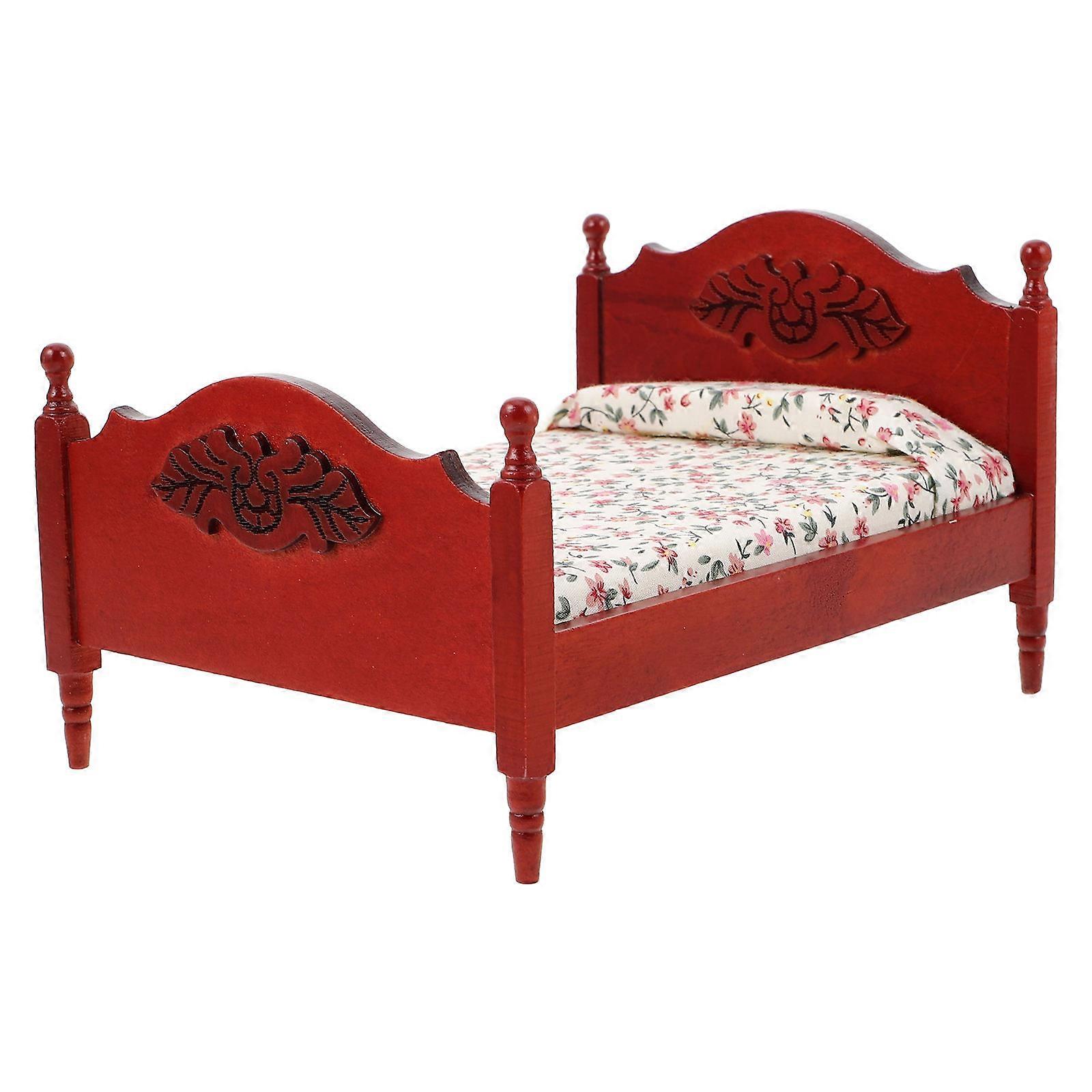 Vintage Miniature Bed for Dollhouse Wood Bed for Bedroom Use 3Pcs Set