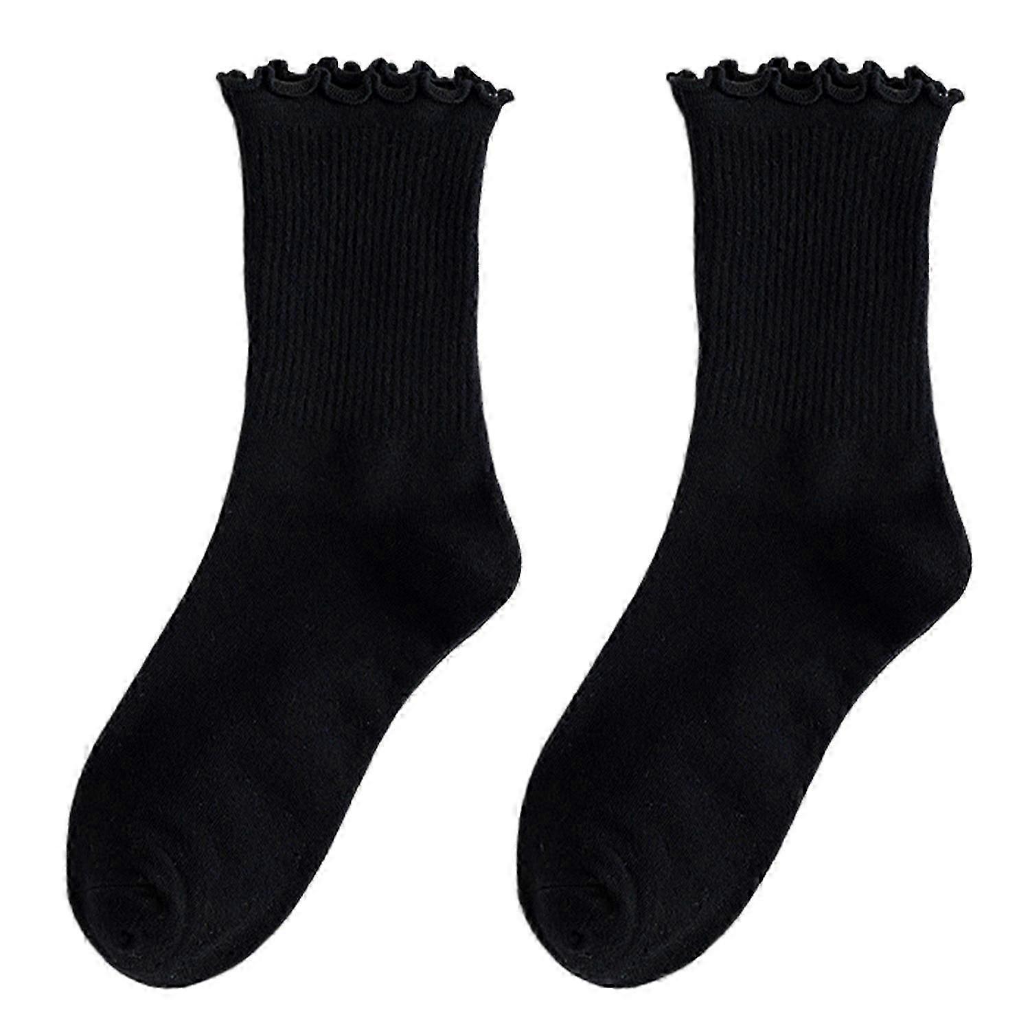 1 Pair Women Socks Mid-tube Shirring Edge Japanese Style Solid Color High Elasticity Anti-slip Thin