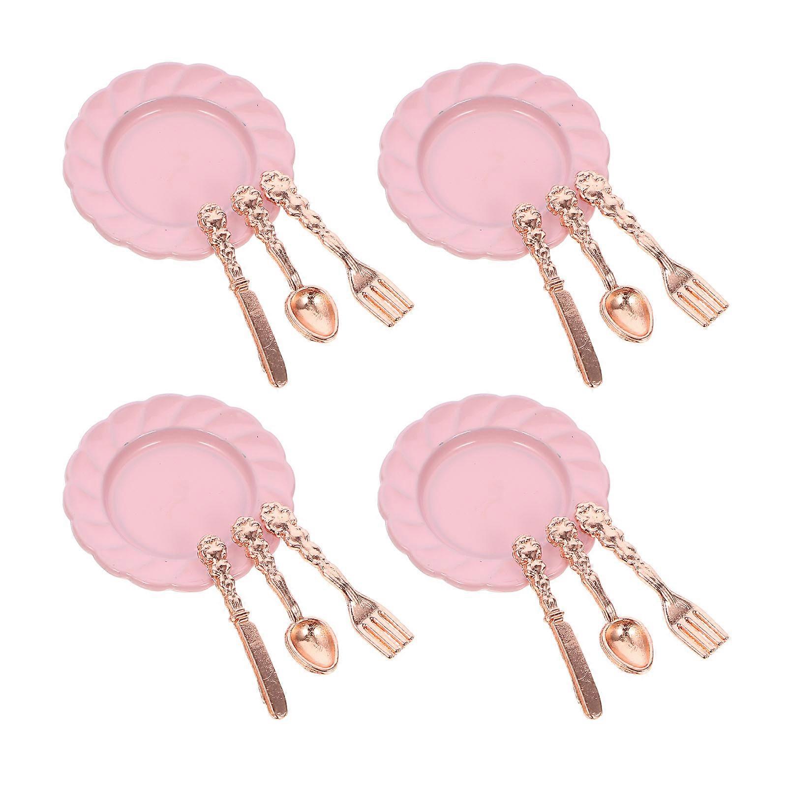 Dollhouse Mini Plate Spoon Fork for Model Alloy Simulation Scene Model 4 Sets