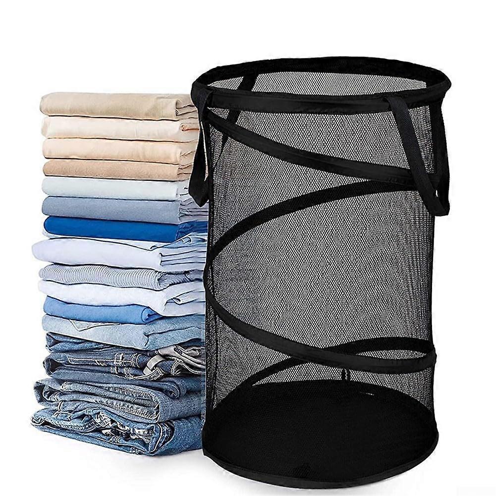 Collapsible Mesh Laundry Hamper with Reinforced Handles for Clothes Storage, Dorm and Bathroom Use, 36x58cm Black Polyester