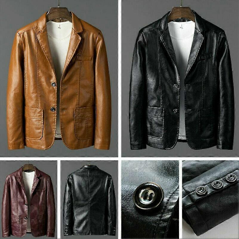 Men PU Leather Jacket Coat Motorcycle Slim Fit Button Blazer Lapel