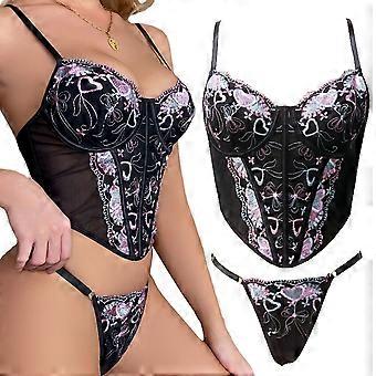 Womens Lace Up Black Corset Bustier Floral Waist Trainer Overbust Sexy Lingerie