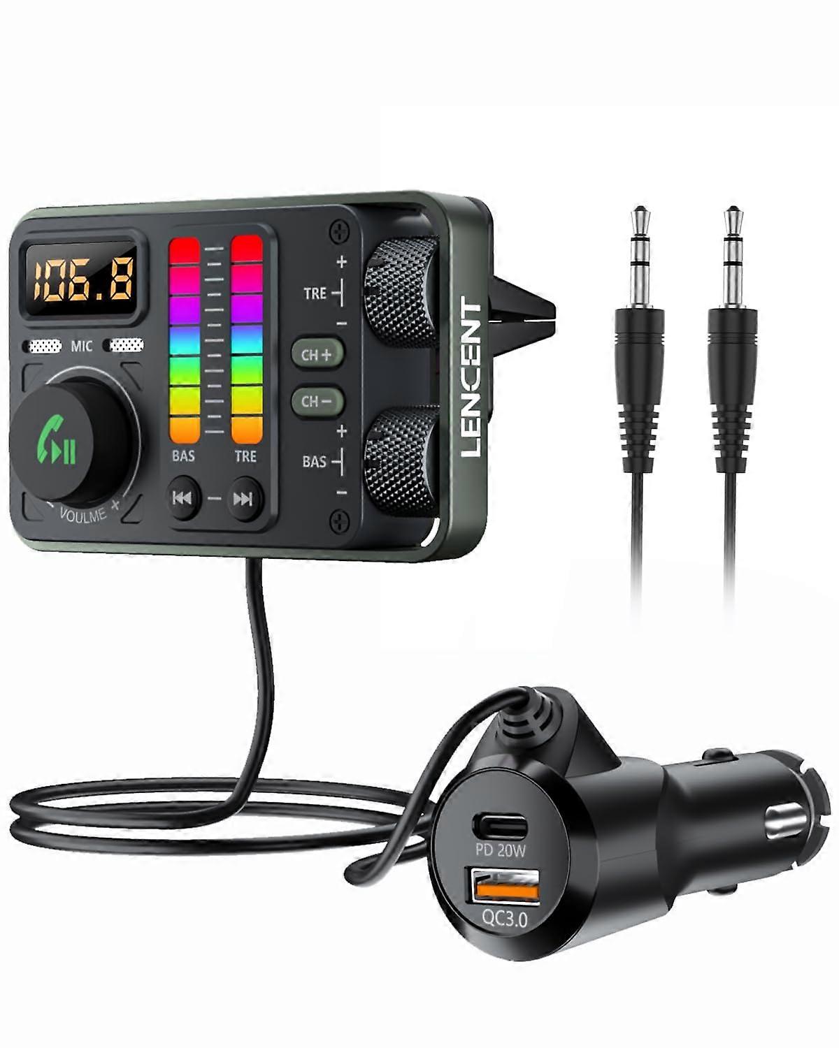 Bluetooth FM Transmitter Bluetooth 5.3 Car Adapter with HiFi Bass Treble, Dual Port Fast Charger, Hands Calling