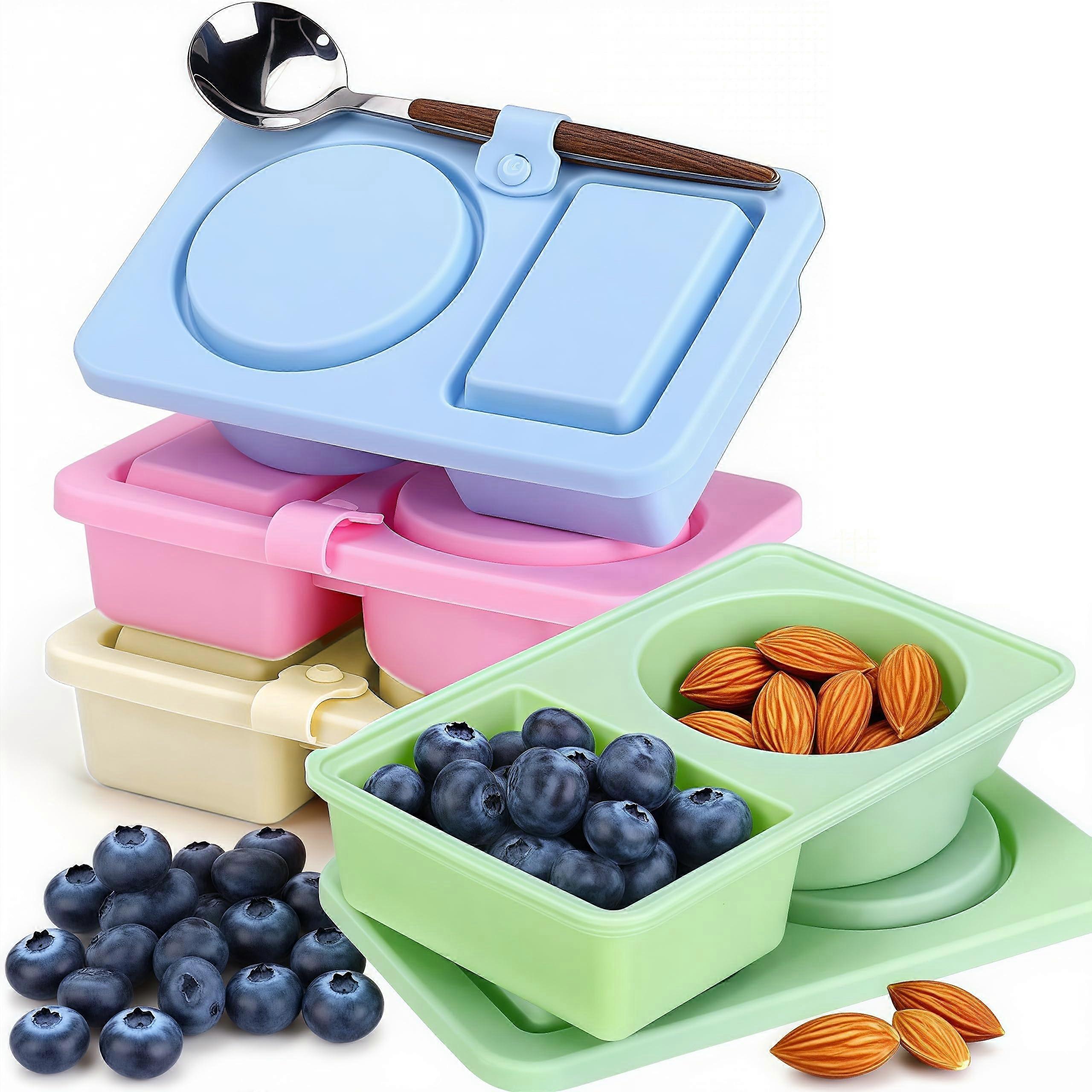 Silicone Food Storage Containers 4Pack, LeakProof Dual Compartment Reusable Snack Containers