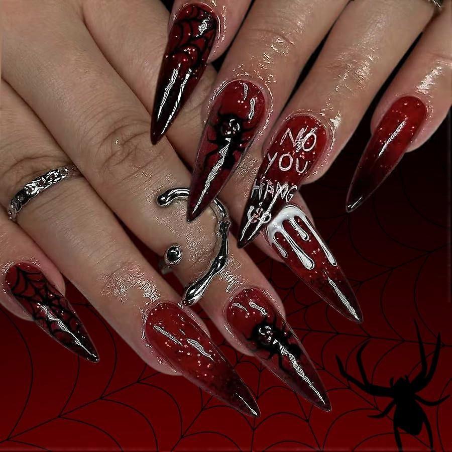 Halloween Press On Nails with Spider Web Design, Black Gradient Long Pointed Fake Nails, Gothic Red Tips
