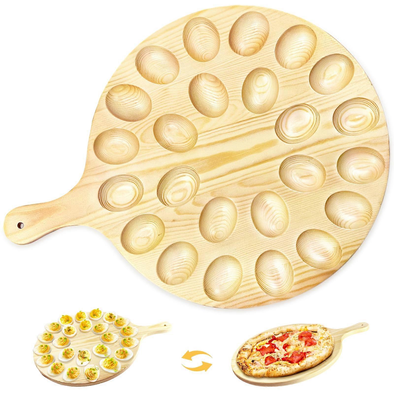 Deviled Egg Tray Wooden 24 Hole Round Platter with Handle Charcuterie Board Serving Tray