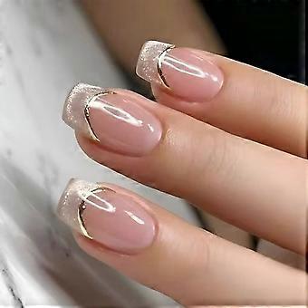 Unhas postiças quadradas curtas com glitter rosa degradê, kit de unhas acrílicas de cobertura total para mulheres