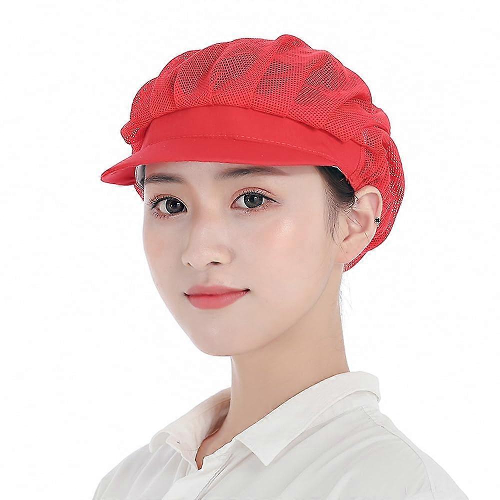 2pcs Breathable Mesh Chef Hat Adjustable Cotton Kitchen Cap Reusable Bouffant for Restaurant Red L