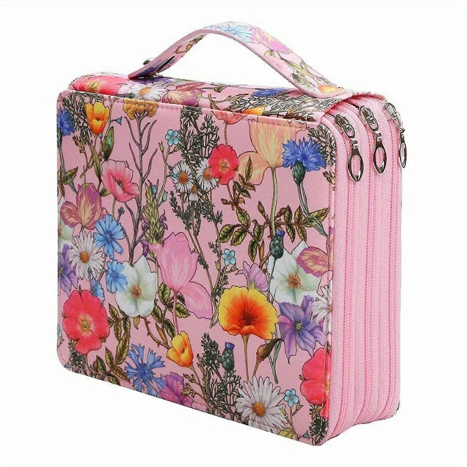 Colored Pencil Case with 124 Slots Large Capacity Organizer for Artists Pink Printed Pattern