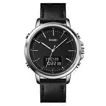 Sportief herenhorloge met dubbel uurwerk, leer en legering, kleur: zilverkleurige kast met zwart uurwerk.