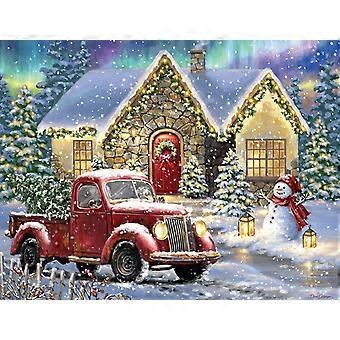 Christmas Night Lane Jigsaw Puzzle- Perfect for Holiday Family Game Nights- Winter Scene with Snowman and Classic Red Truck SQZ1284
