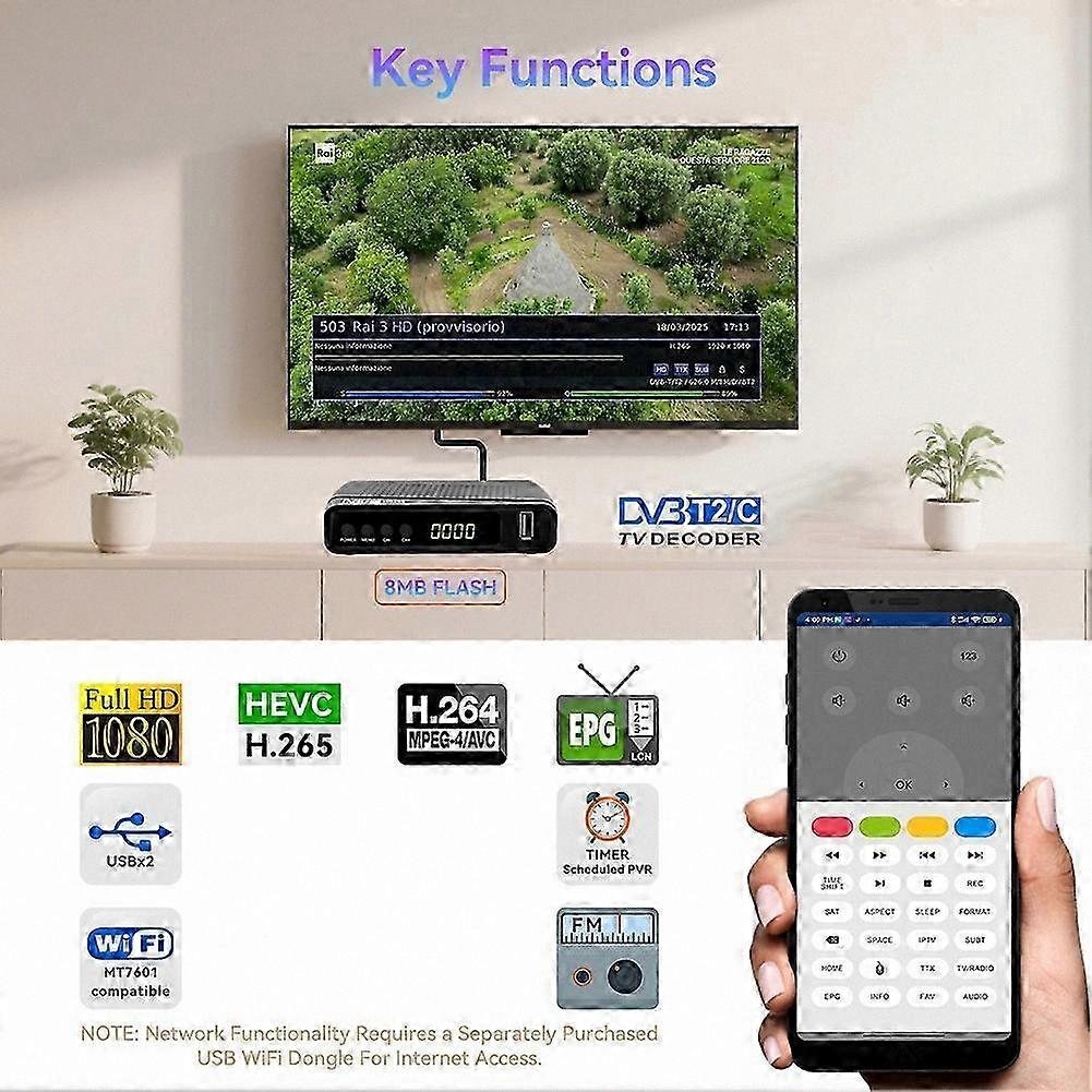 Mini DVB-T2 SET TOP BOX, H.265 Digital Terrestrial Decoder with EU Plug