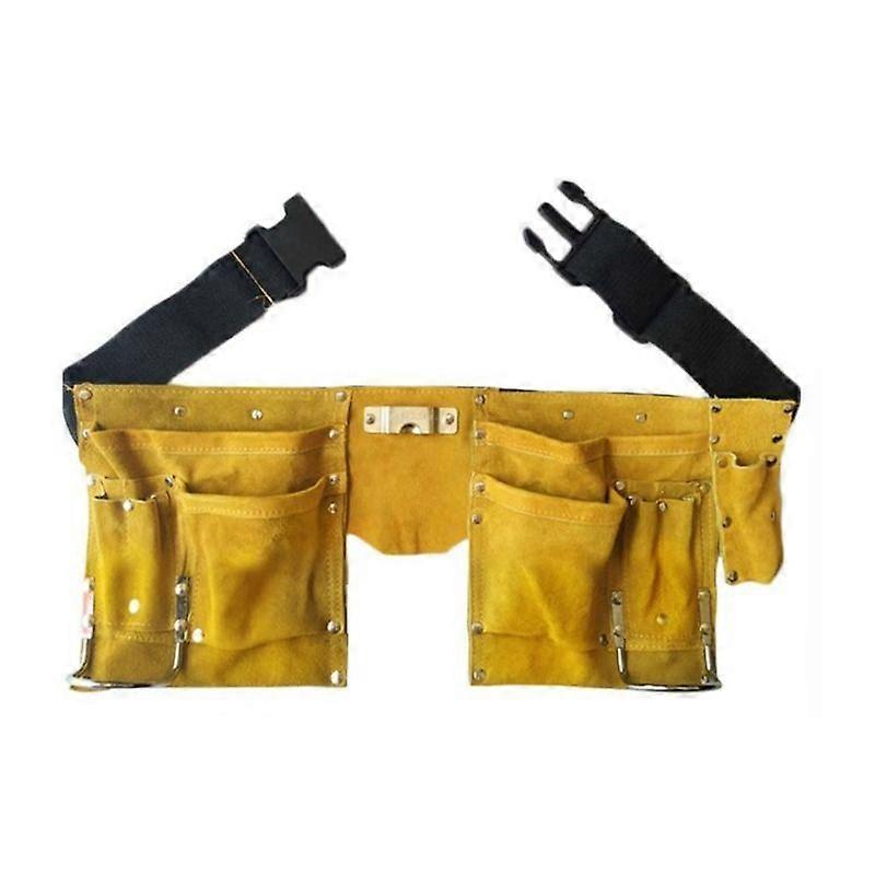 Split Cowhide Leather Double Tool Pouch Belt with Multiple Pockets and Visible Rivets