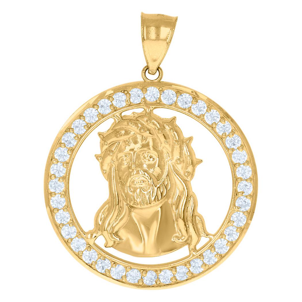 Collier pour homme en or jaune 10 carats avec pendentif médaillon Jésus et zircone cubique, 40,6 x 31 mm de large
