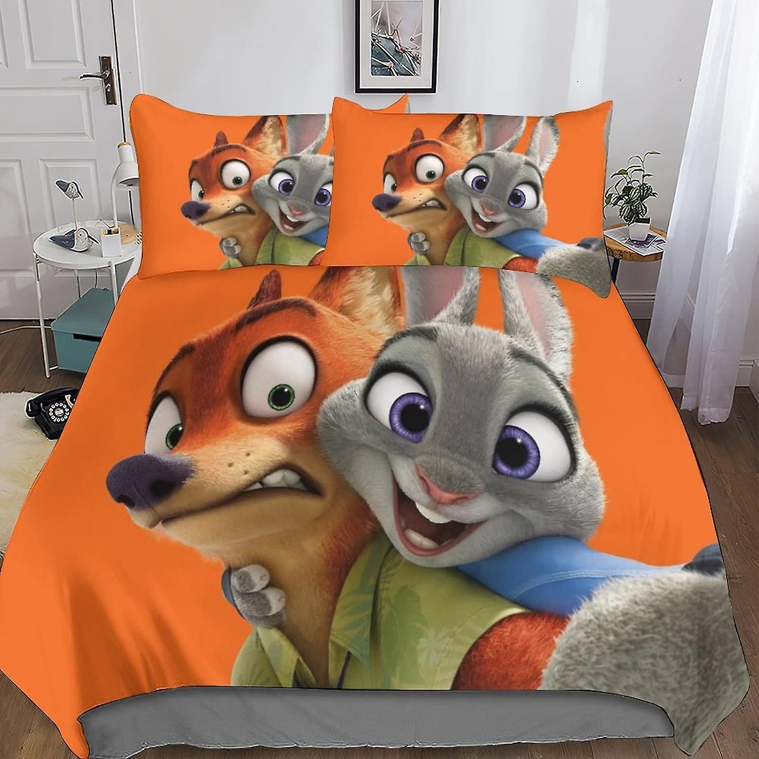3D Zootropolis Effect Quilt Bedding Set,Judy Hopps & Nick Wilde Printed Duvet Cover Set Soft Microfiber with Pillwocase 3 Pieces for Childrens And Adu
