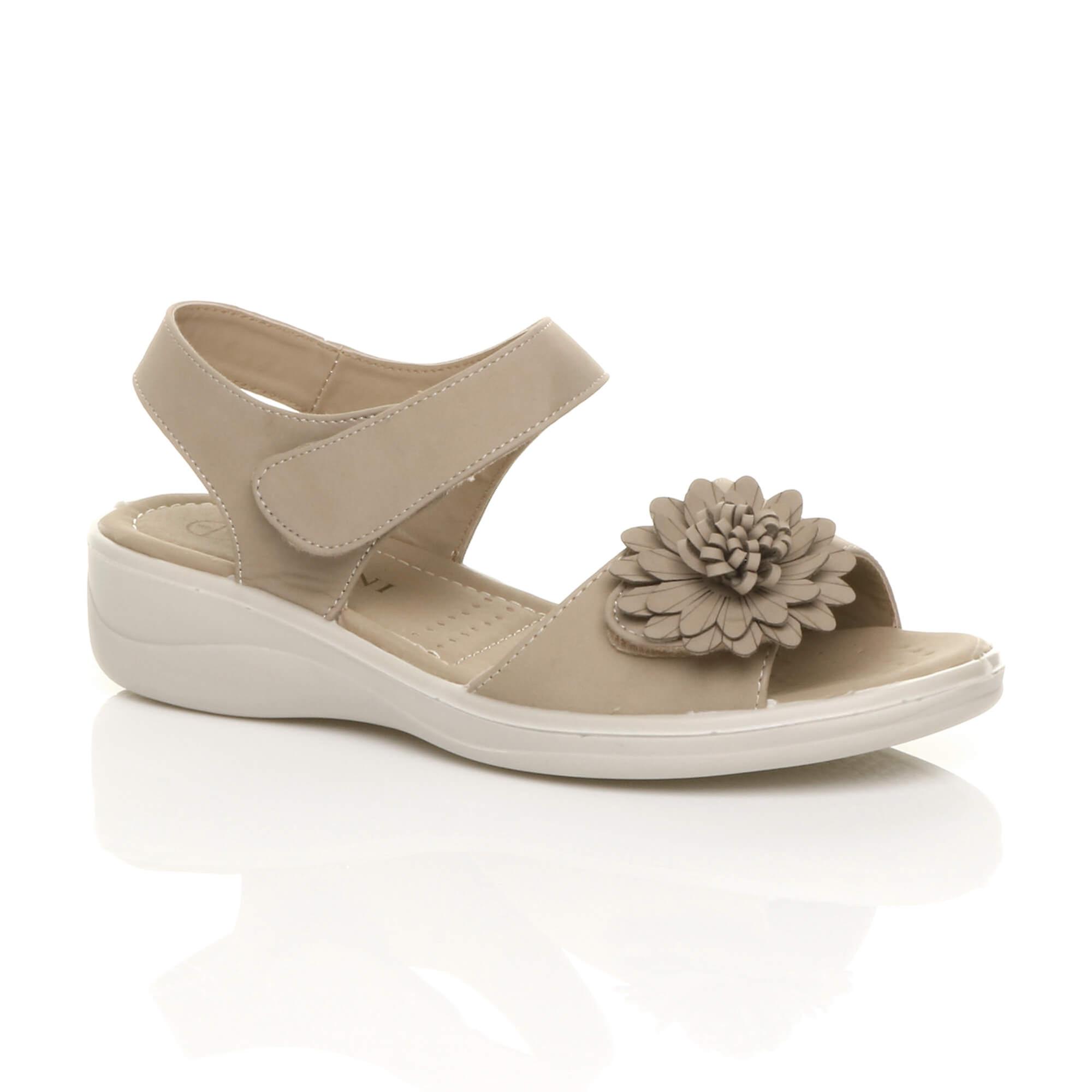 Ajvani womens low wedge heel hook & loop strap slingback flower comfort leather insole sandals shoes