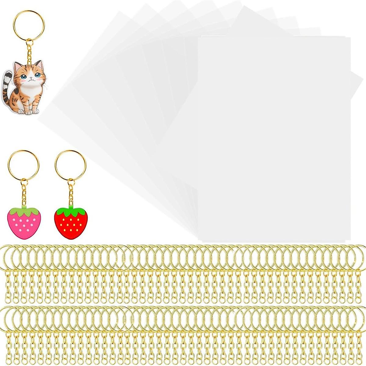 Heat Shrink Plastic Sheet Kit Shrink Papers 25 PCS Large Shrink Film Papers with 100 PCS Keychains for Kids (11.4x8inch)