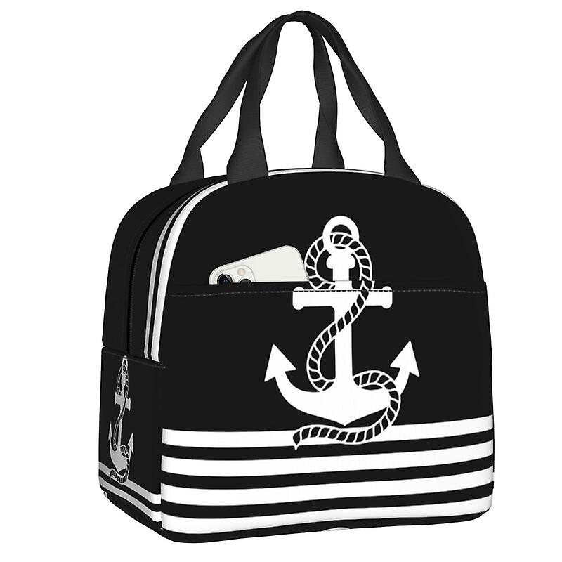 أسود أبيض مرساة خطوط بحرية صندوق غداء للنساء أكثر برودة الغذاء الحراري معزول حقيبة الغداء أطفال المدرسة حقائب حمل الطلاب