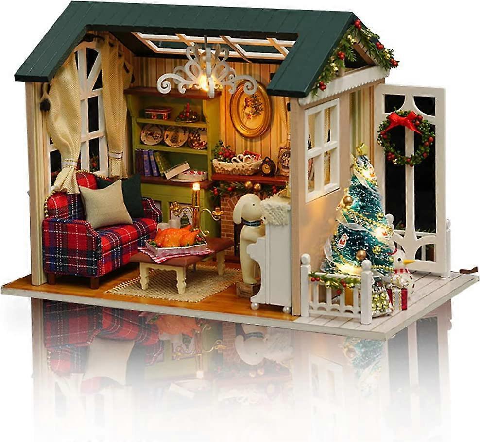 DIY Miniature House, 3D Wooden Doll House Kit with Furniture and Music, LED Light, Handmade Model Kit to Build, Holiday Dream House