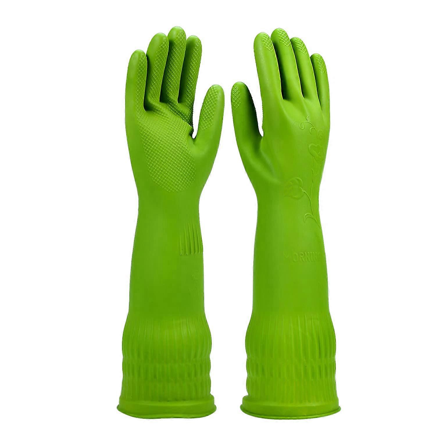 Rubber Dishwashing Gloves Kitchen, Household Cleaning Gloves Long Waterproof Reusable Durable. (green,2 set,M )