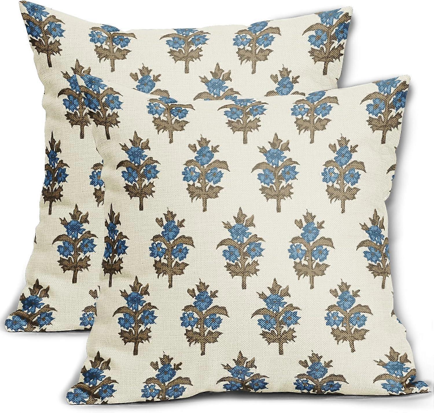 Brown Blue Floral Pillow Covers 18x18 Set of 2 Spring Flower Leaves Print Decorative Throw Pillow Cases Outdoor Farmhouse Decoration for Sofa Couch Be