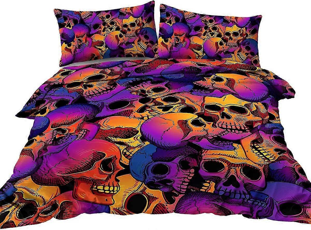 Skull Bedding Set Double Size 3 Piece Duvet Cover Set With Zipper Closure.purple Orange And Blue