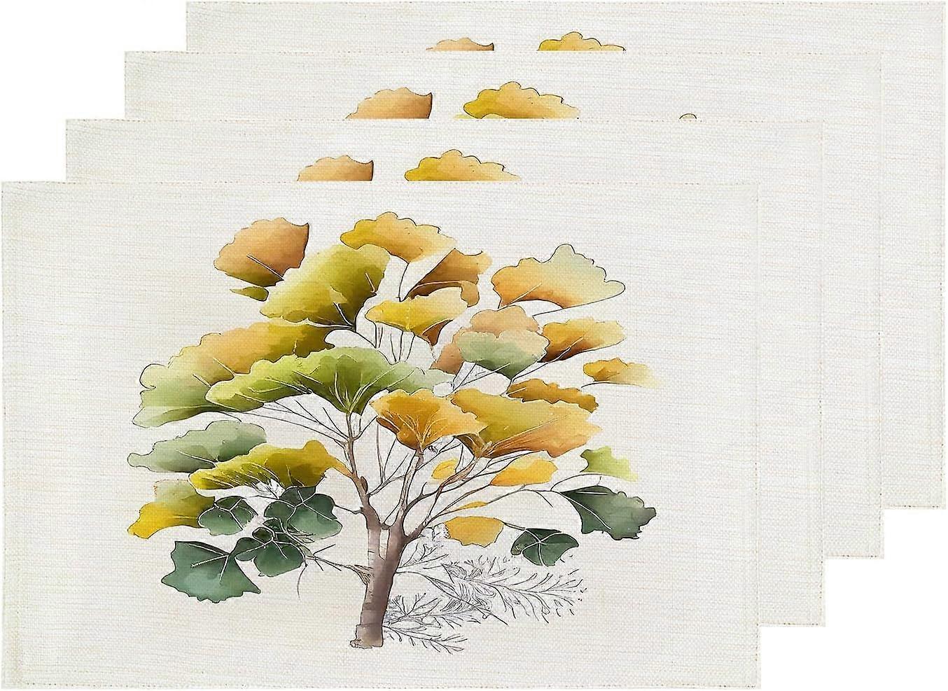 Watercolor Ginkgo Tree Placemats, Autumn Ginkgo Leaves Table Mat Linen Burlap Washable Double-Deck Heat Insulation for Dining Table Kitchen Table Set