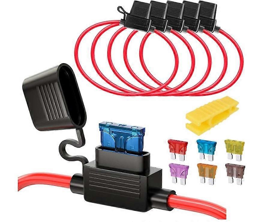 5pcs 16AWG Medium Blade Waterproof Plug-in Fuse Holder with Wire, DC 32V 20A Add-A-Circuit for Truck Car, with 6pcs Standard Blade Fuse and 1pcs Fuse