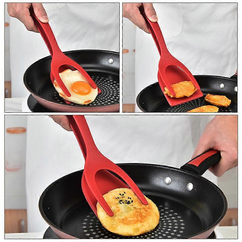 Red 2 Pieces Non Stick Spatula, 2 in 1 Kitchen Tongs and Spatula with Non Stick Coating, 2 in 1 Egg Fried Steak Spatula Non Stick Rotating Grilled San