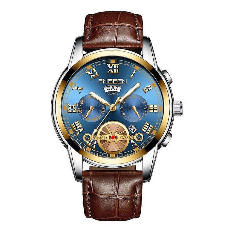 Man Watch, Colour: Brown Leather Gold Blue Surface