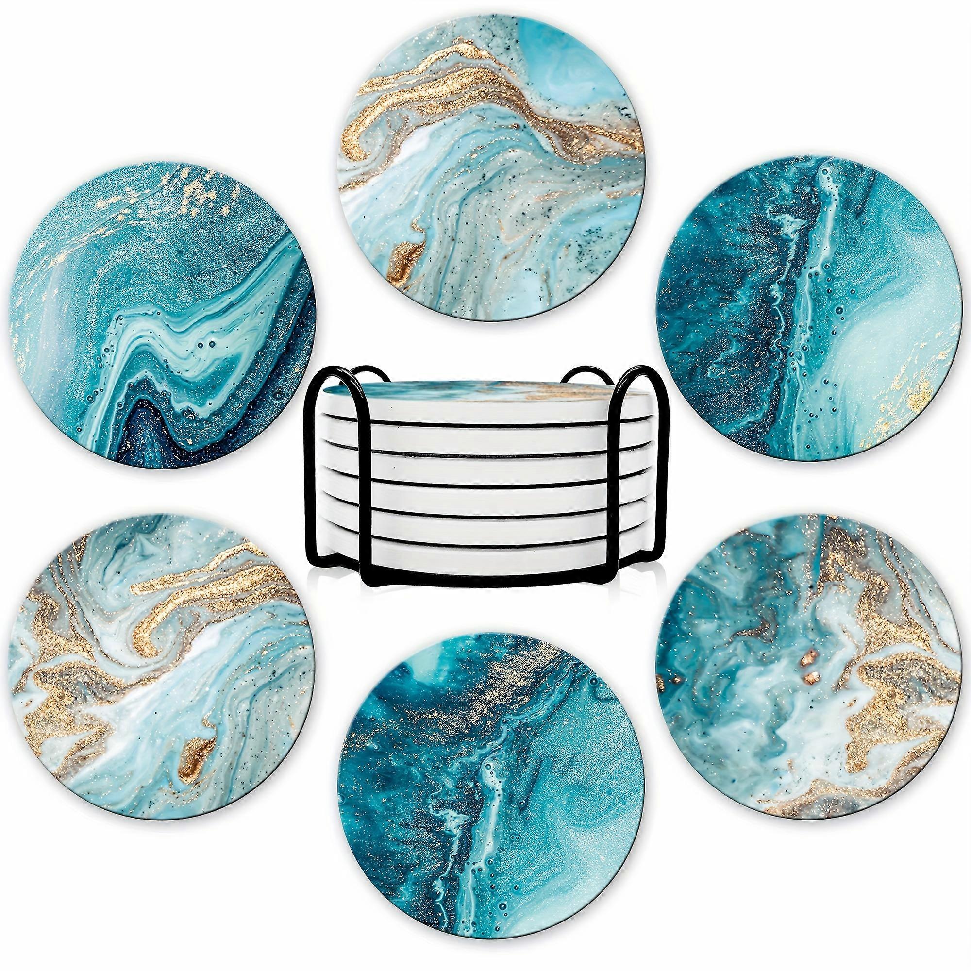 6pcs Set - Marble Pattern Drink Coasters with Holder, Funny Quotes, Absorbent Ceramic & Non-Slip Cork Base, Insulated Table Mats for Cold Drinks, Wine