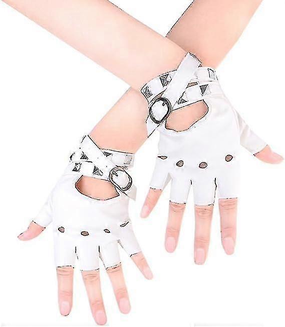 Gants punk en cuir Pu pour femmes (blanc) Gants de performance à sangles cloutées ou à boucle demi-doigt