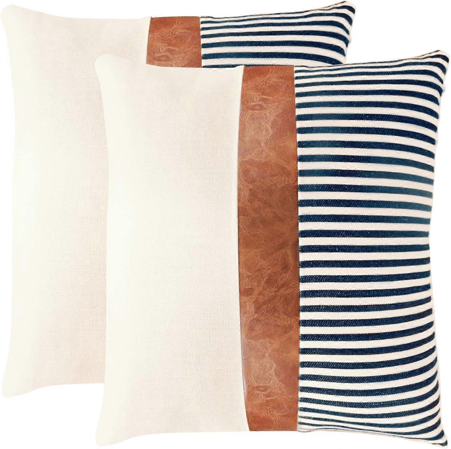 Pillow case 18x18, 2 decorative pillowcases, sofa pillowcases, faux leather Bohemian pillowcases (blue)