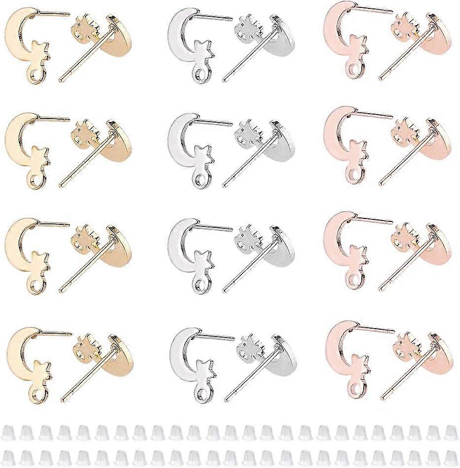 48Pcs 3 Colors Moon Star Stud Earring Star Post Stud with Loop Earrings Studs with Hole Crescent Moon Charm Stainless Steel Dangle Earring for DIY Cra