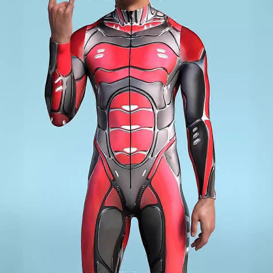 メンズアイアンロボットジャンプスーツ3Dプリントボディスーツハロウィーンカーニバルパーティーコスチューム