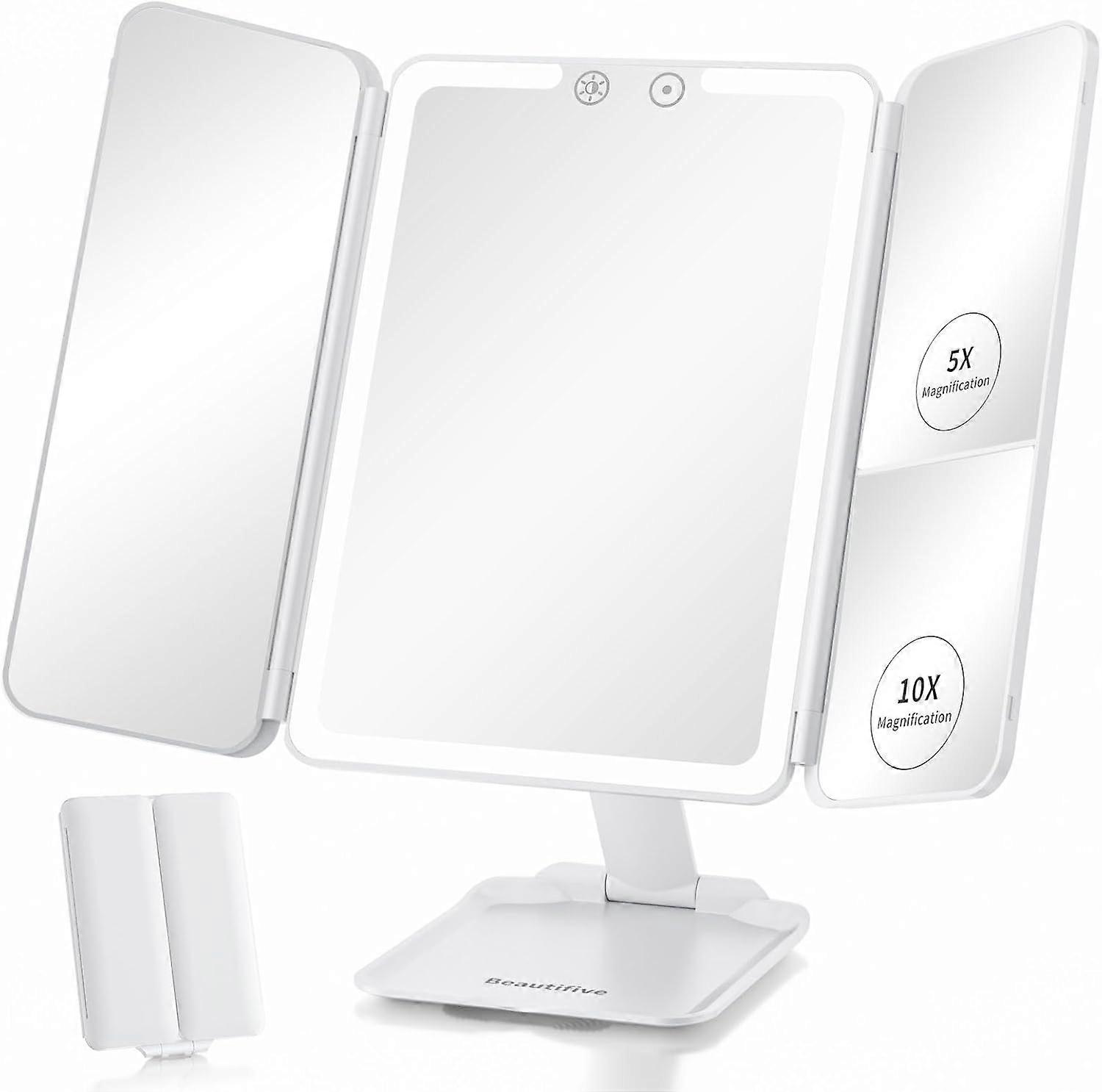 Rechargeable Travel Makeup Mirror with 48 LED Lights, Tri-fold Design, Touch Control, Portable and Compact Size