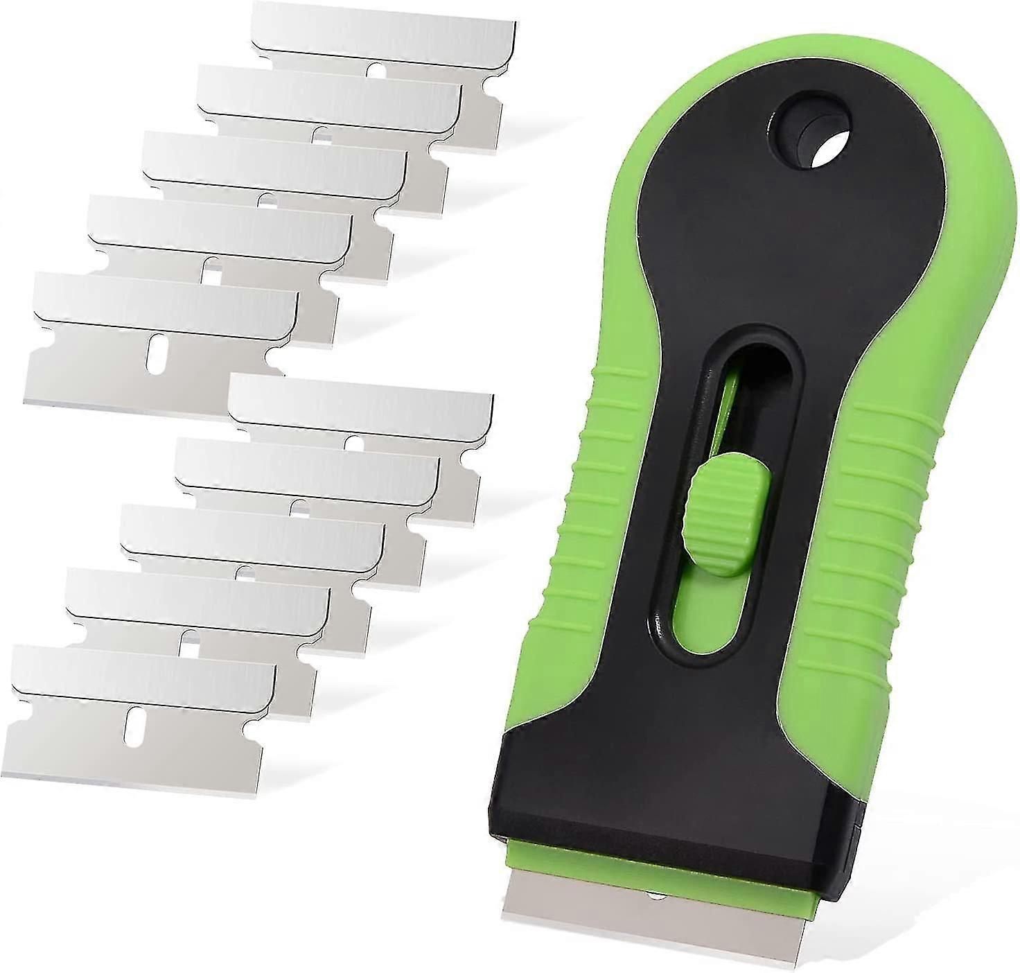 Ceramic Scraper Car Sticker Remover Glass Stove Top Razor Scraper Label,Glue,Paint,Adhesive Remover Tool + 10pcs Stainless Steel Razor Blades (Green)