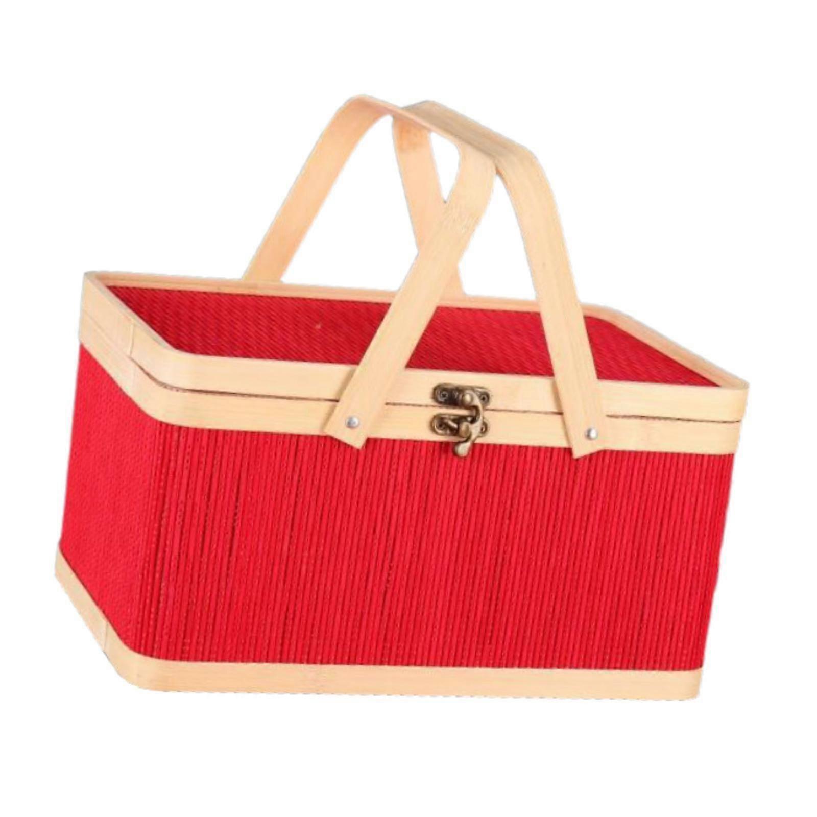 Bamboo Woven Basket with Lid Portable Shopping Basket for Snacks Bread Bread Red