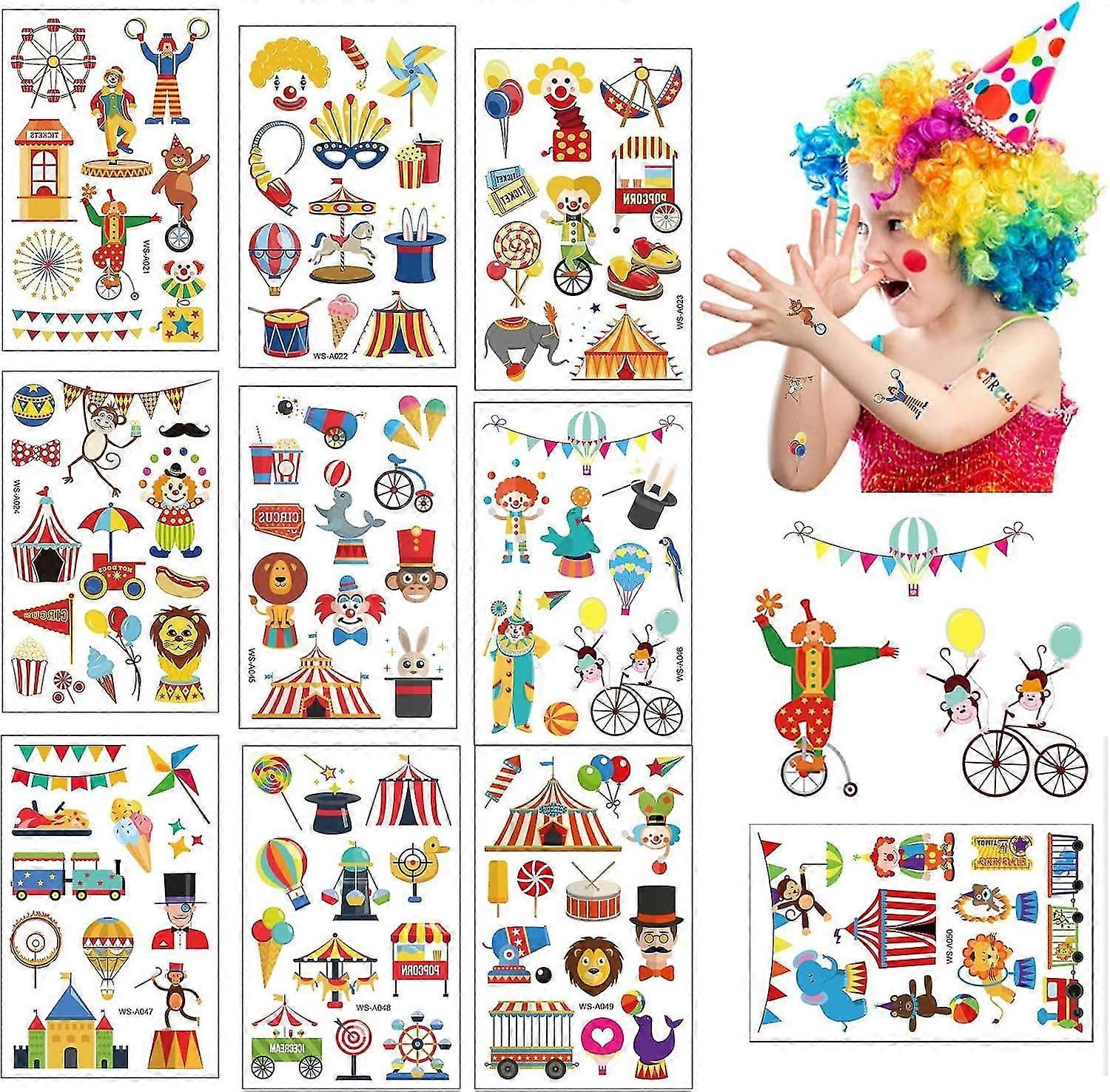 Circus Temporary Tattoos For Kids, 10 Tattoo Sheets