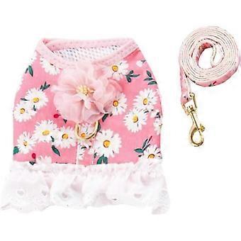 Dog Dress with Leash Set Printed Daisy Pattern Cat Harness Dress Breathable Mesh Puppy Harness Leash Set with Flower Decor Lace Princess Skirt for Sma