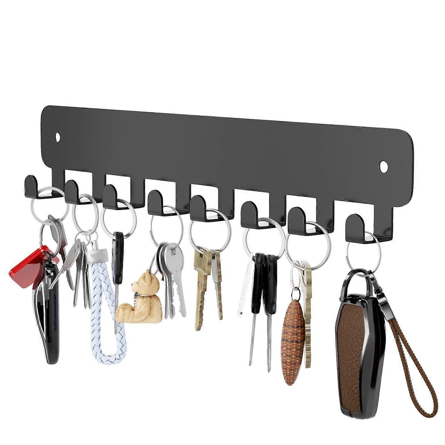 Key Holder for Wall with 8 Hooks, Adhesive and Wall Mounted Rust Resistant Organizer, Black