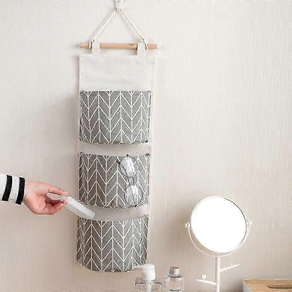 "Multi-functional wall-hung bag organiser with 3 pockets for children's bedroom, bathroom, bedroom, office (grey)"