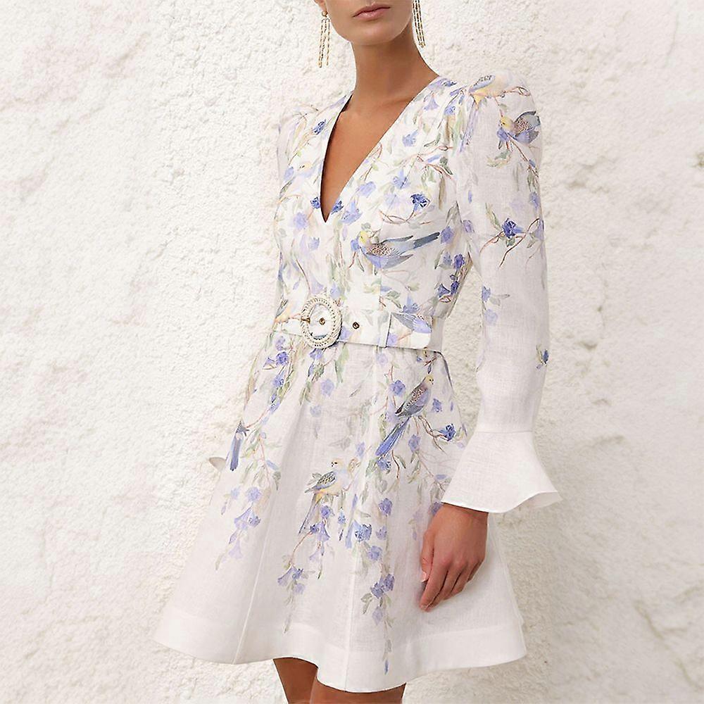 Natura Mini Dress Women Ldaies V-Neck Long Sleeve Floral A-Line Summer Casual Dresses