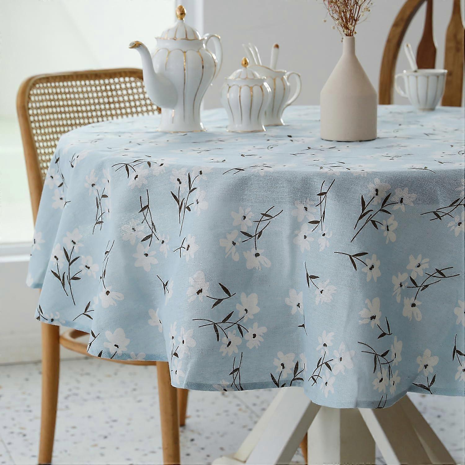 Pastoral Round Linen Tablecloth Light Blue Floral Washable Dust-Proof Wrinkle Resistant for Restaurant Dining 60 Inch